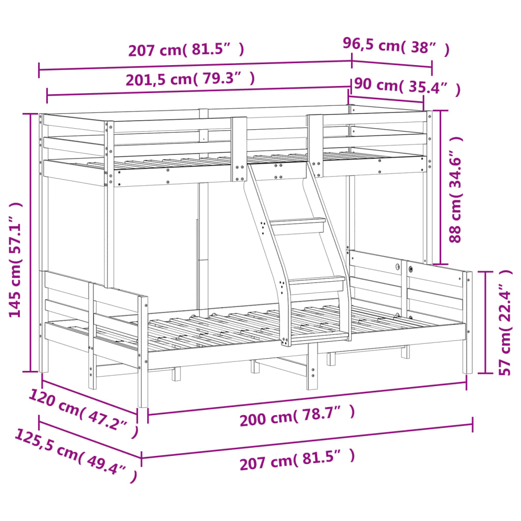 Etagenbett 90x200/120x200 cm Massivholz Kiefer