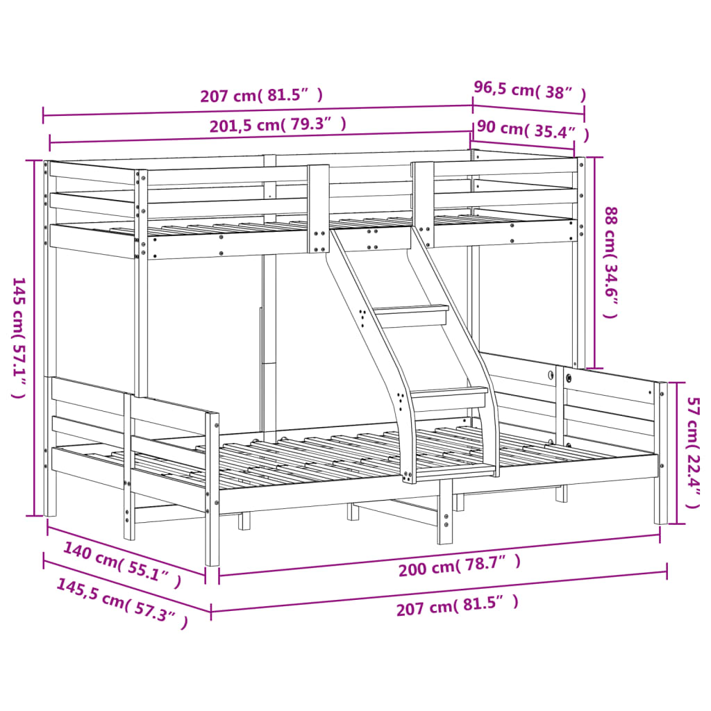 Etagenbett 90x200/140x200 cm Wachsbraun Massivholz Kiefer