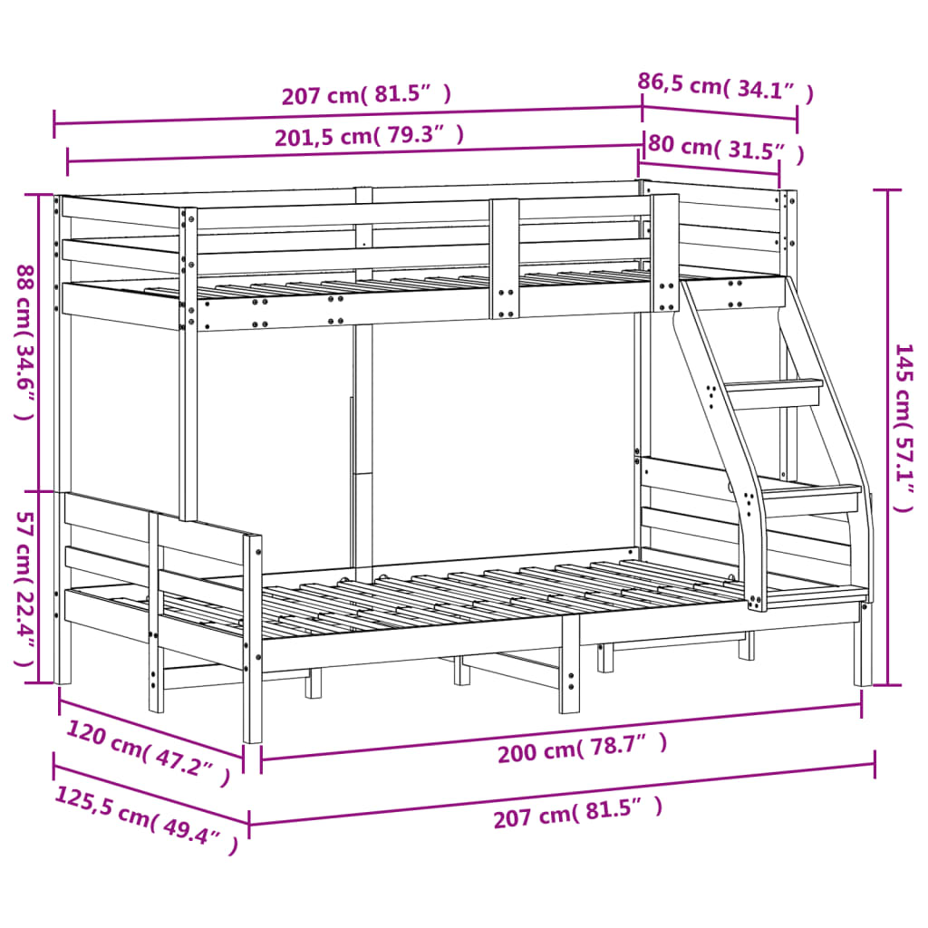 Etagenbett 80x200/120x200 cm Weiß Massivholz Kiefer