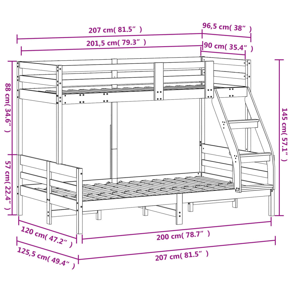 Etagenbett 90x200/120x200 cm Wachsbraun Massivholz Kiefer