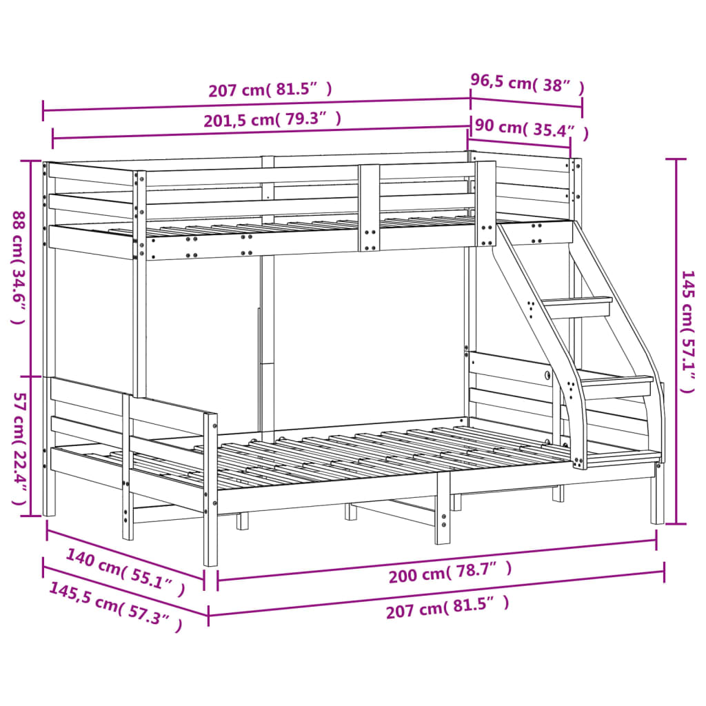 Etagenbett 90x200/140x200 cm Wachsbraun Massivholz Kiefer