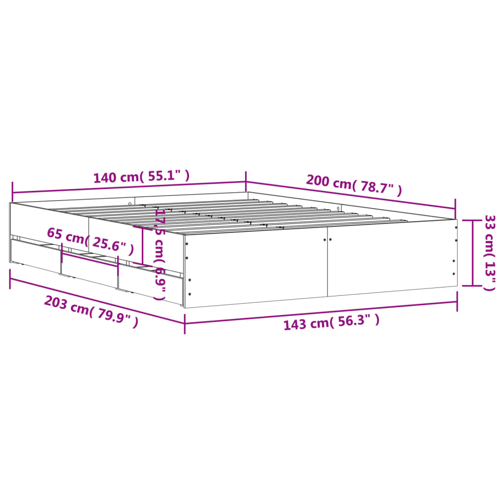 Bettgestell mit Schubladen Schwarz 140x200 cm Holzwerkstoff