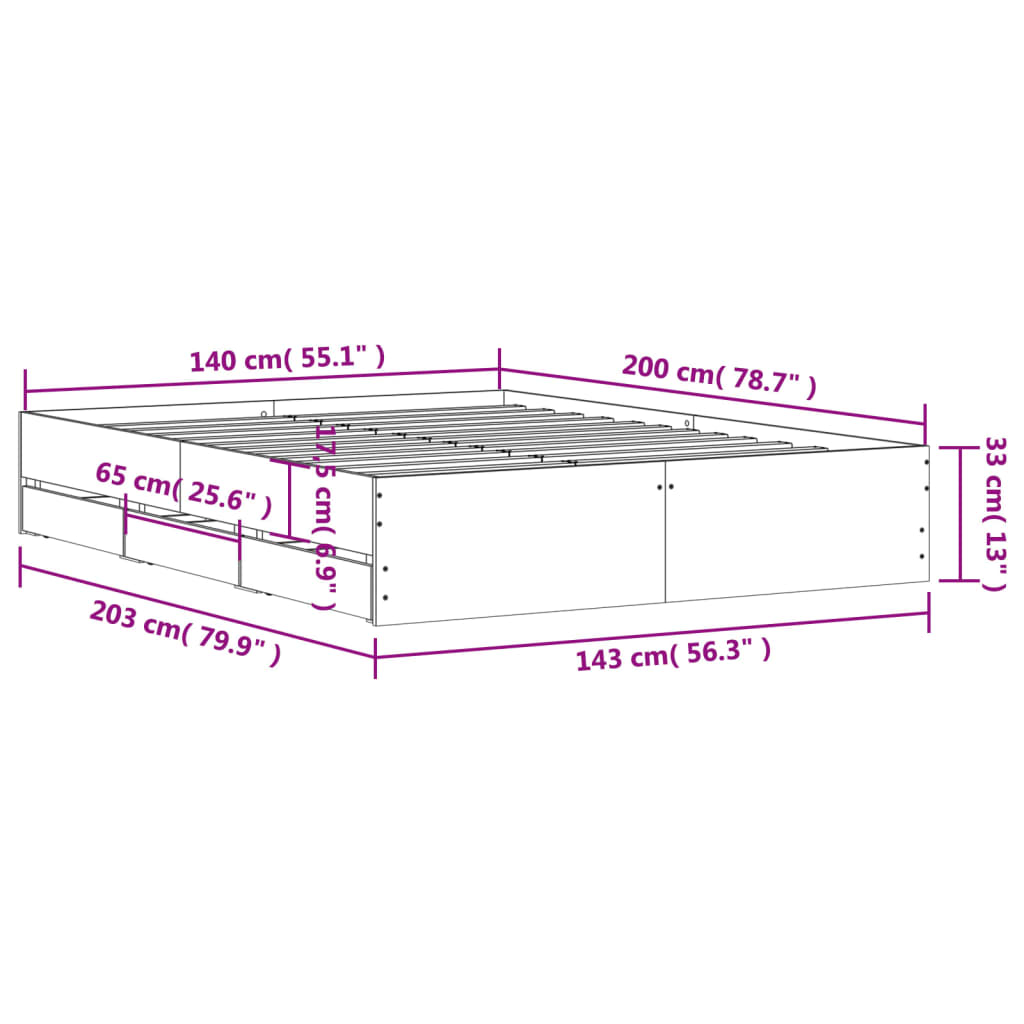 Bettgestell mit Schubladen Braun Eichen-Optik 140x200 cm