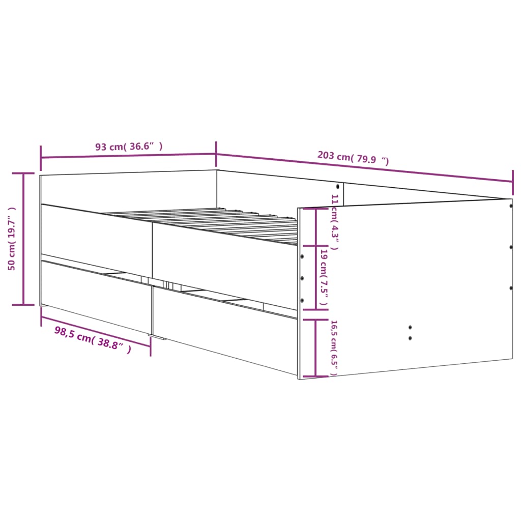 Bettgestell mit Schubladen Schwarz 90x200 cm