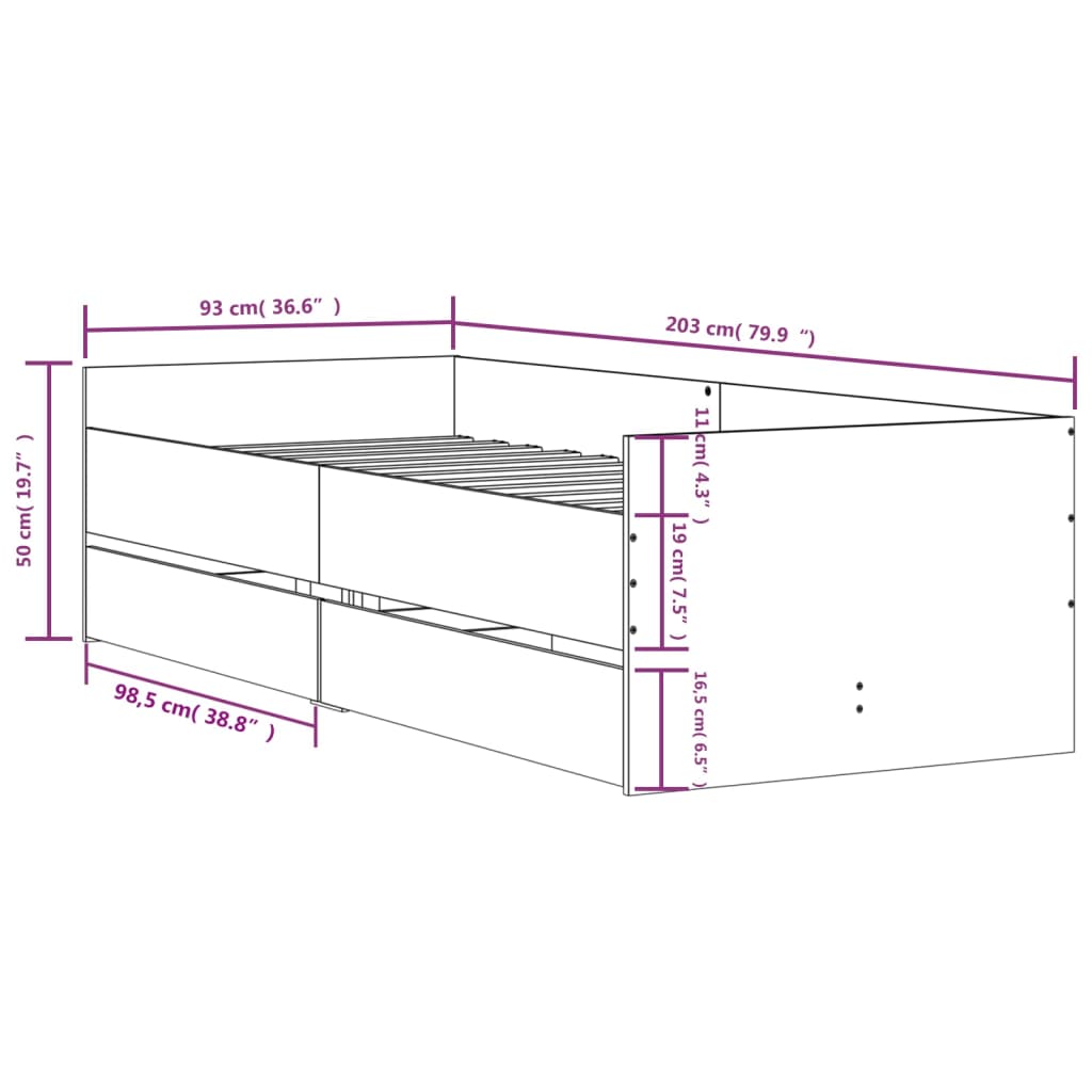 Bettgestell mit Schubladen Sonoma-Eiche 90x200 cm