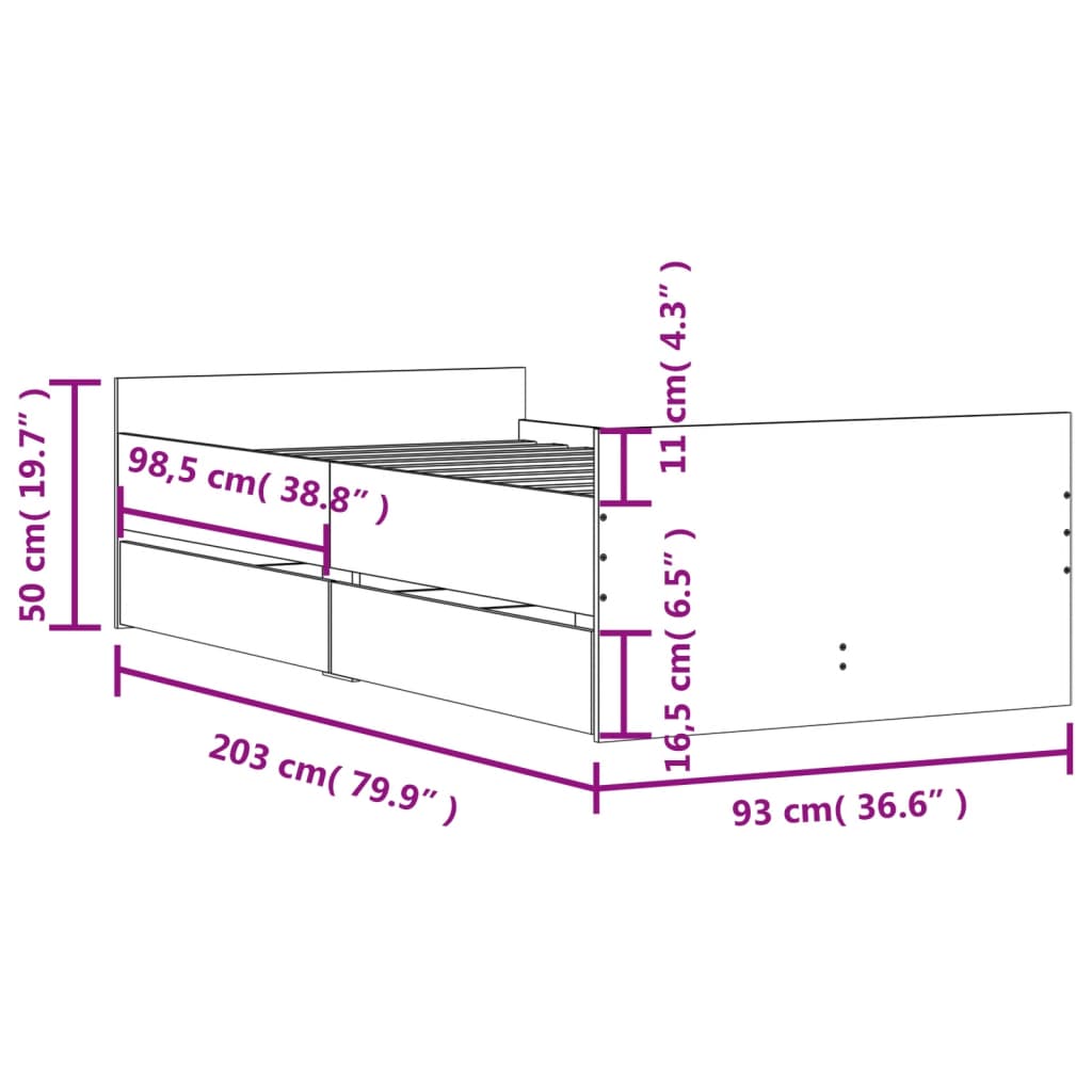 Bettgestell mit Schubladen Schwarz 90x200 cm