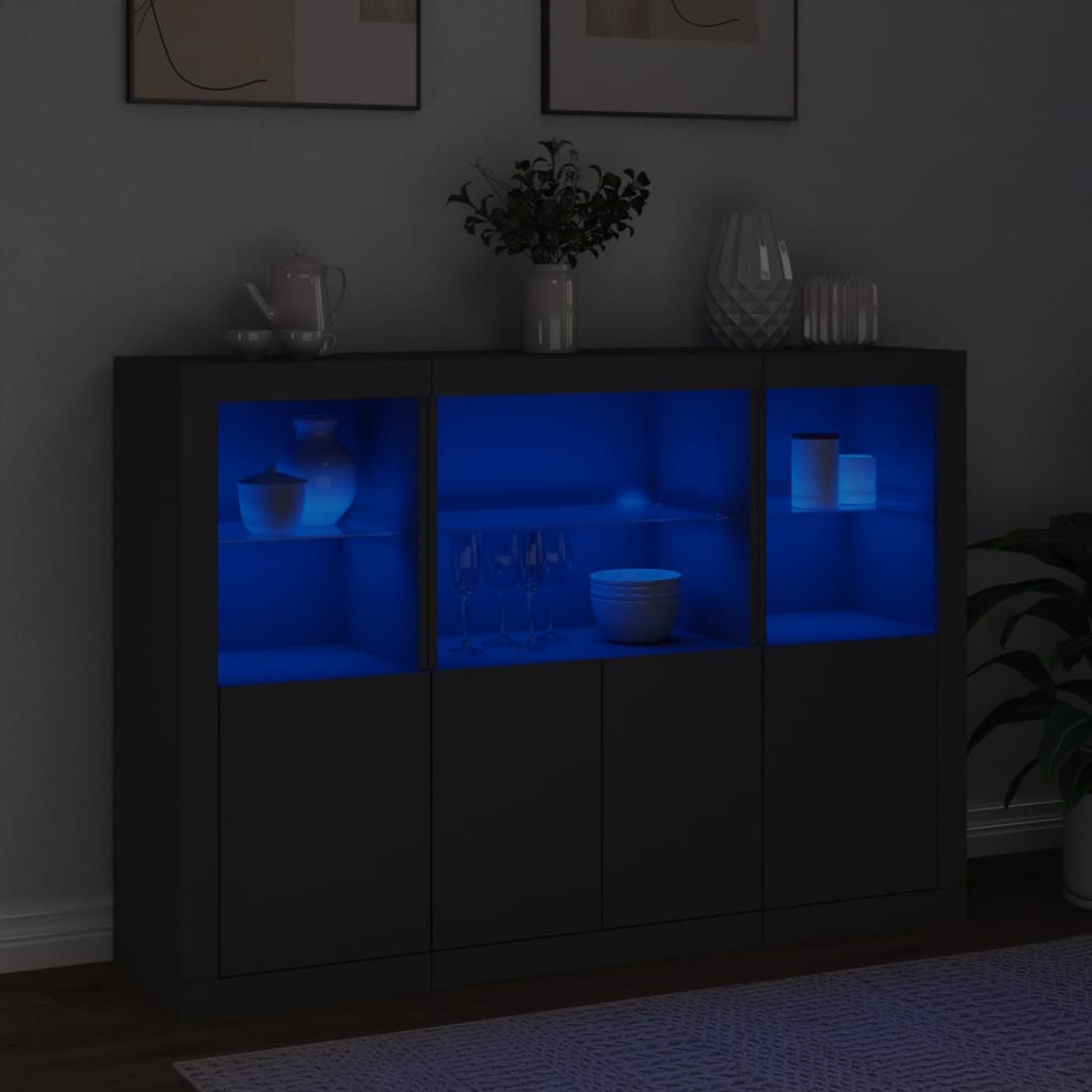 Sideboards mit LED-Leuchten 3 Stk. Schwarz Holzwerkstoff