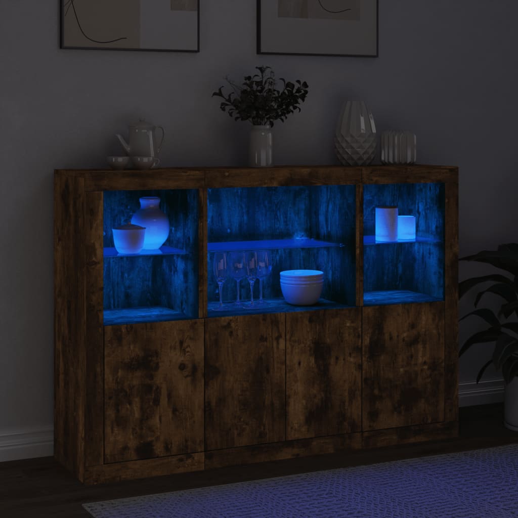 Sideboards mit LED-Leuchten 3 Stk. Räuchereiche Holzwerkstoff