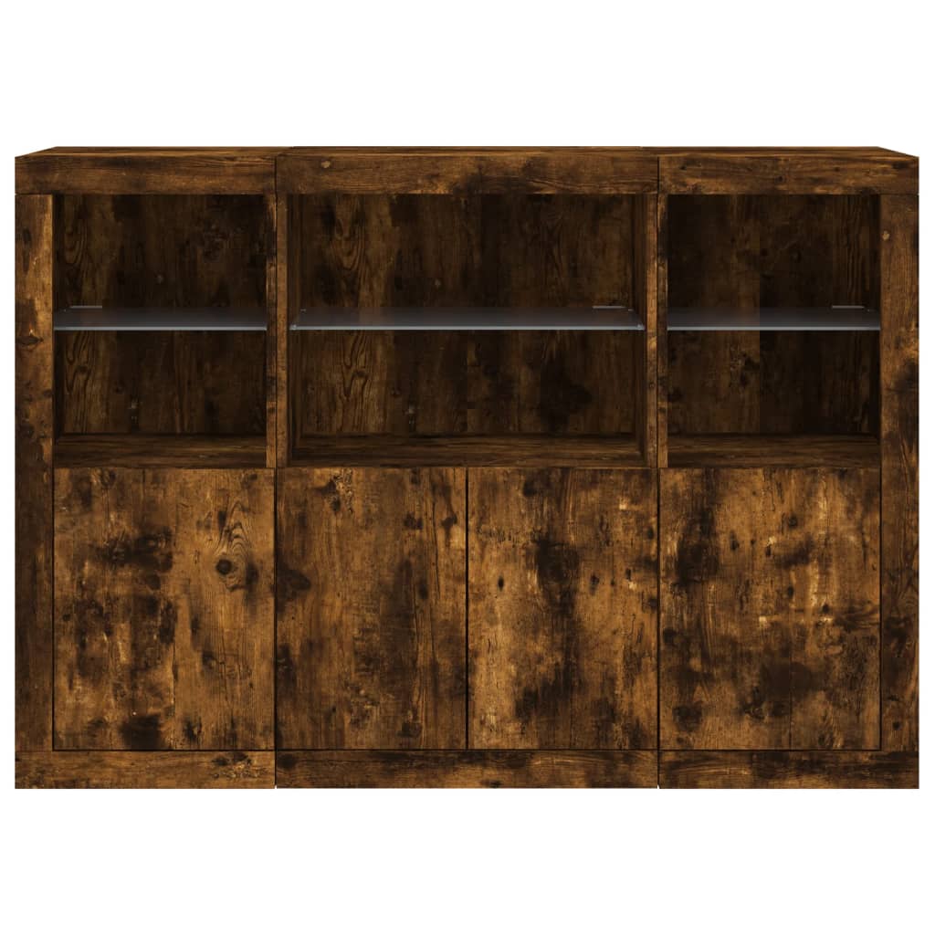 Sideboards mit LED-Leuchten 3 Stk. Räuchereiche Holzwerkstoff