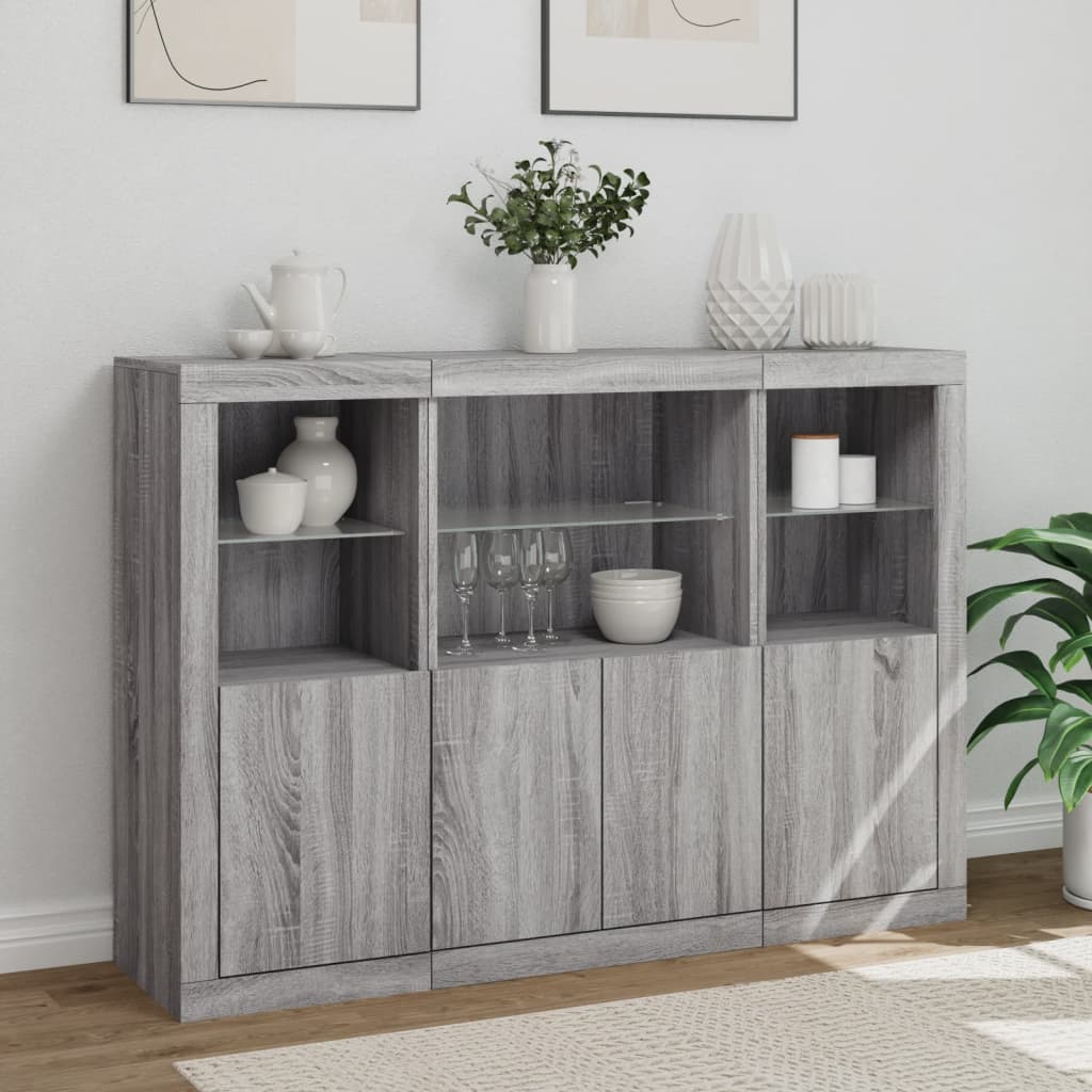 Sideboards mit LED-Leuchten 3 Stk. Grau Sonoma Holzwerkstoff