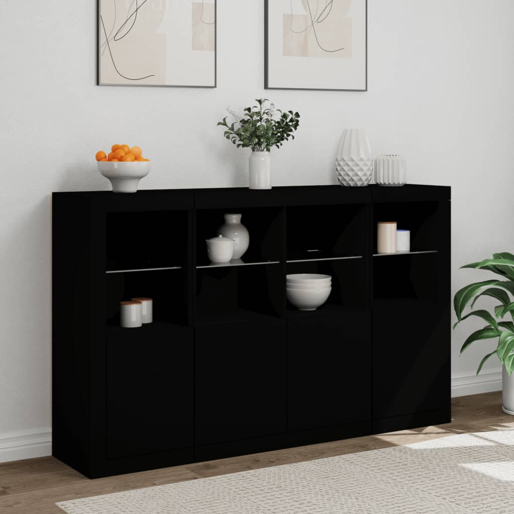 Sideboards mit LED-Leuchten 3 Stk. Schwarz Holzwerkstoff