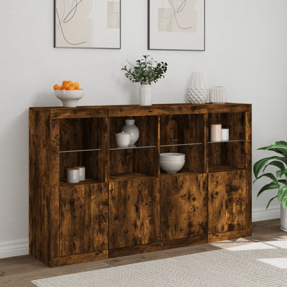 Sideboards mit LED-Leuchten 3 Stk. Räuchereiche Holzwerkstoff