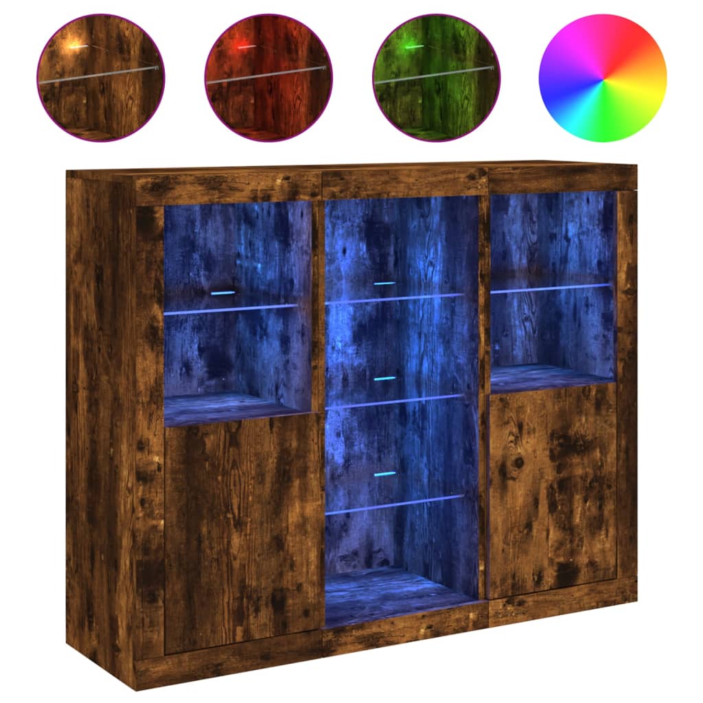 Sideboards mit LED-Leuchten 3 Stk. Räuchereiche Holzwerkstoff