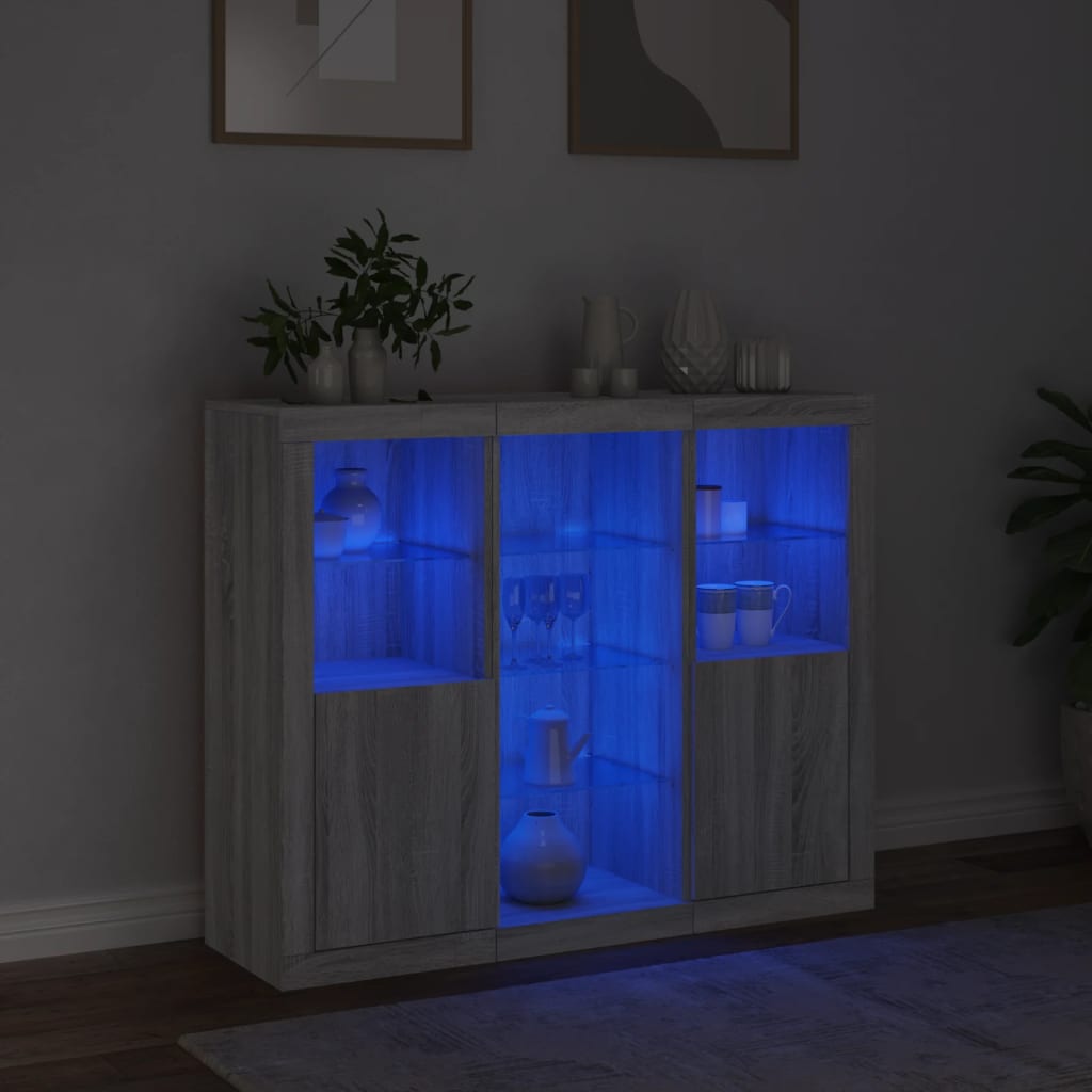 Sideboards mit LED-Leuchten 3 Stk. Grau Sonoma Holzwerkstoff