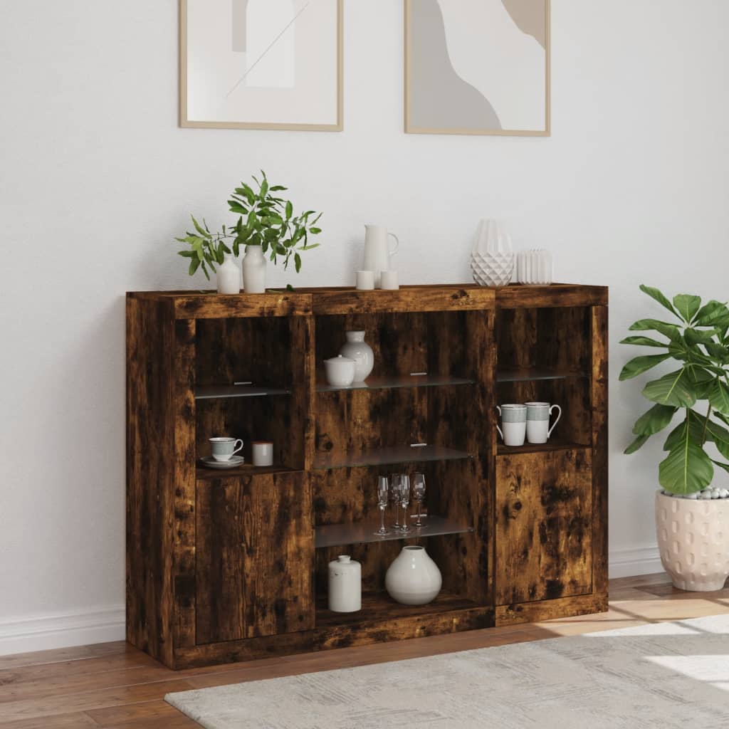 Sideboards mit LED-Leuchten 3 Stk. Räuchereiche Holzwerkstoff