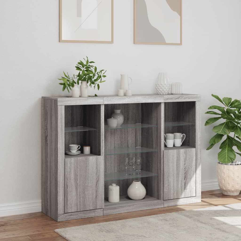 Sideboards mit LED-Leuchten 3 Stk. Grau Sonoma Holzwerkstoff