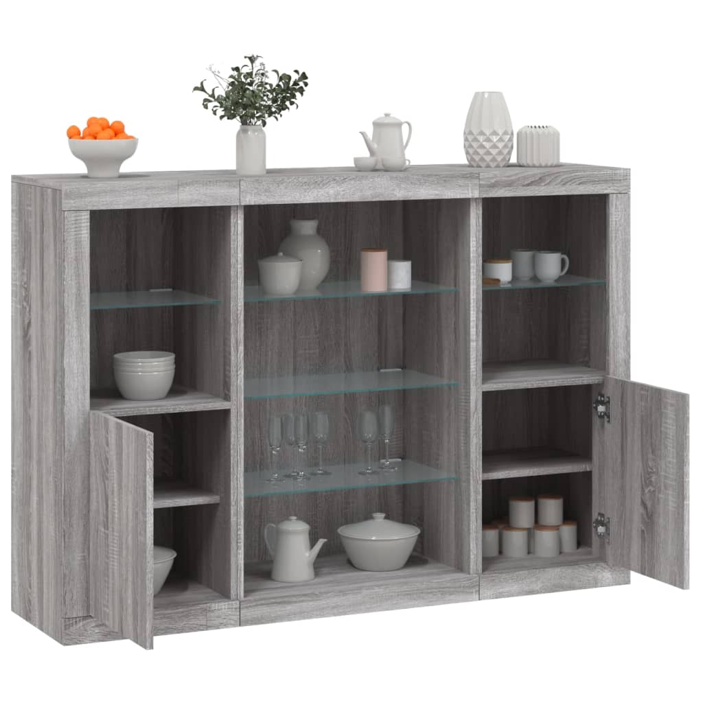 Sideboards mit LED-Leuchten 3 Stk. Grau Sonoma Holzwerkstoff