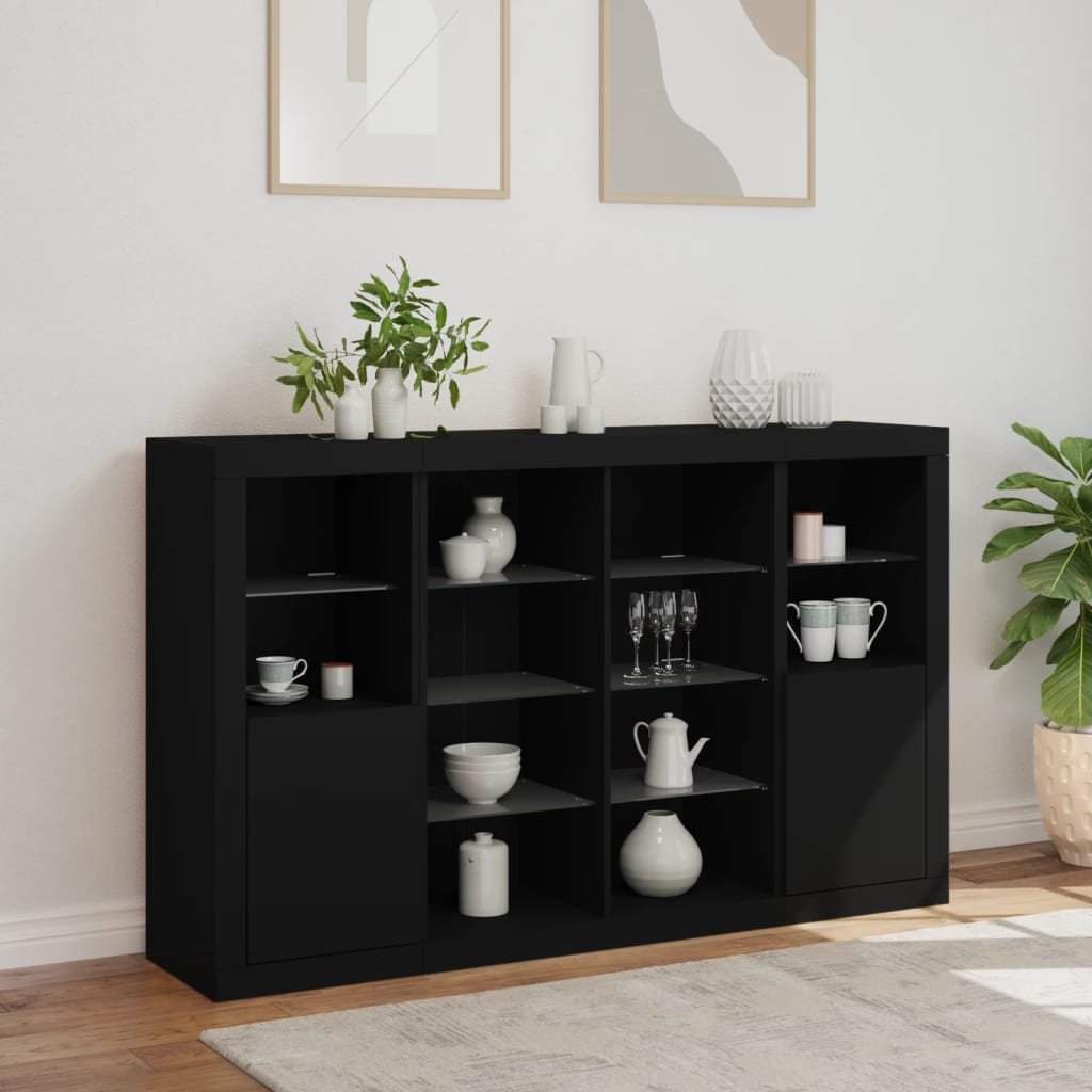 Sideboards mit LED-Leuchten 3 Stk. Schwarz Holzwerkstoff