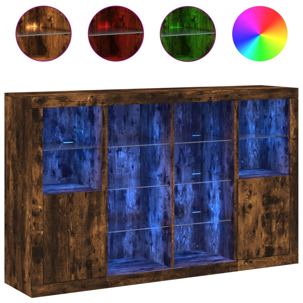 Sideboards mit LED-Leuchten 3 Stk. Räuchereiche Holzwerkstoff