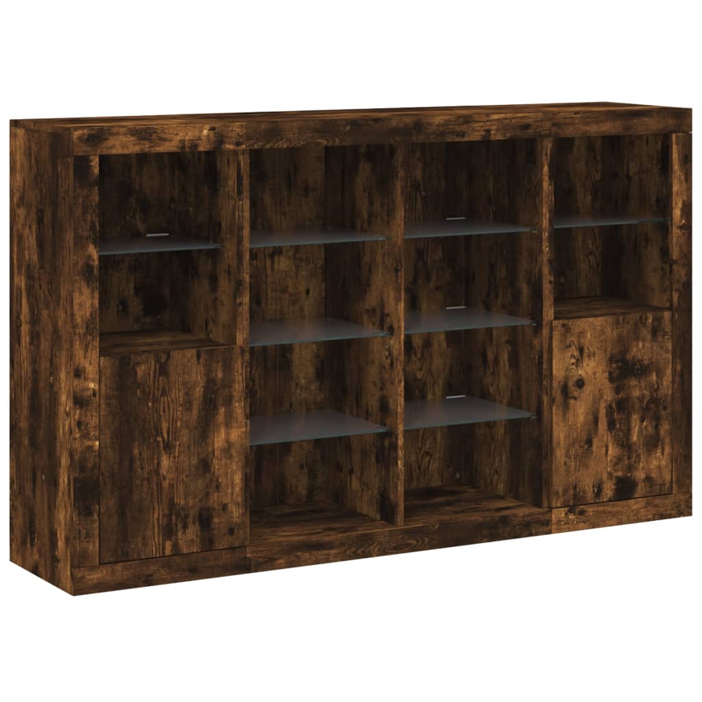 Sideboards mit LED-Leuchten 3 Stk. Räuchereiche Holzwerkstoff