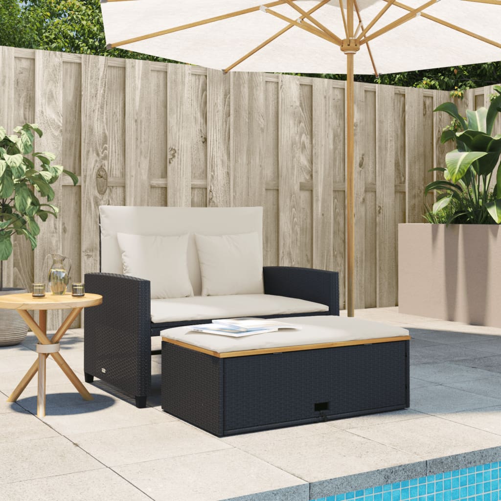 Gartensofa mit Kissen 2-Sitzer Schwarz Poly Rattan&Akazienholz