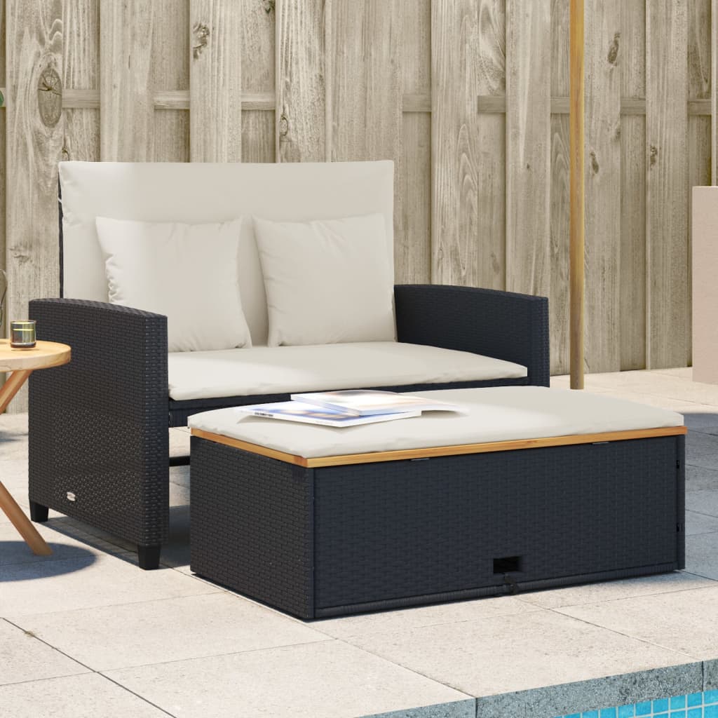 Gartensofa mit Kissen 2-Sitzer Schwarz Poly Rattan&Akazienholz