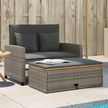 Gartensofa mit Kissen 2-Sitzer Grau Poly Rattan & Akazienholz