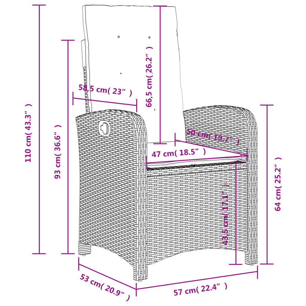 Gartensessel Verstellbar mit Kissen Schwarz Poly Rattan