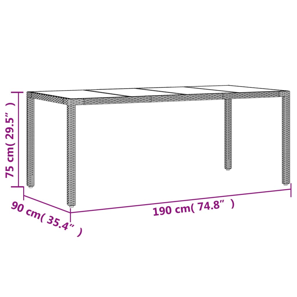 Gartentisch mit Glasplatte Schwarz 190x90x75 cm Poly Rattan