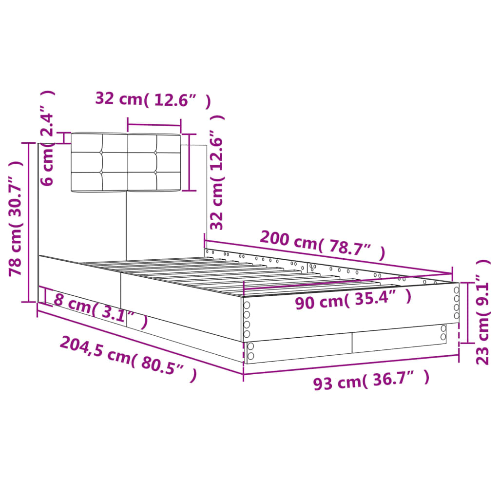 Bettgestell mit Kopfteil Braun Eichen-Optik 90x200 cm