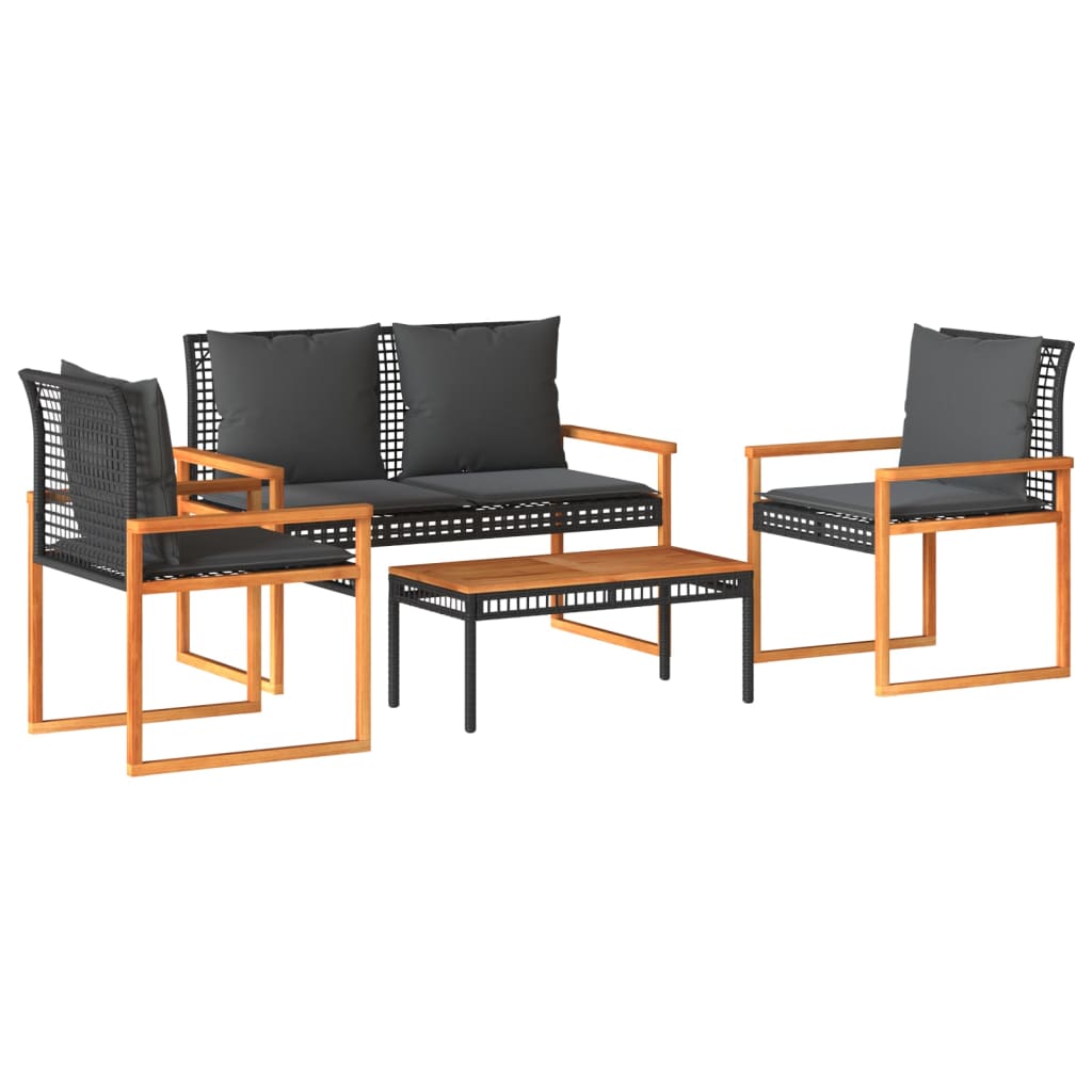 4-tlg. Garten-Lounge-Set mit Kissen Schwarz Poly Rattan