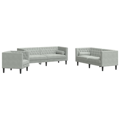 3-tlg. Chesterfield-Sofa-Set mit Nackenrollen Hellgrau Samt