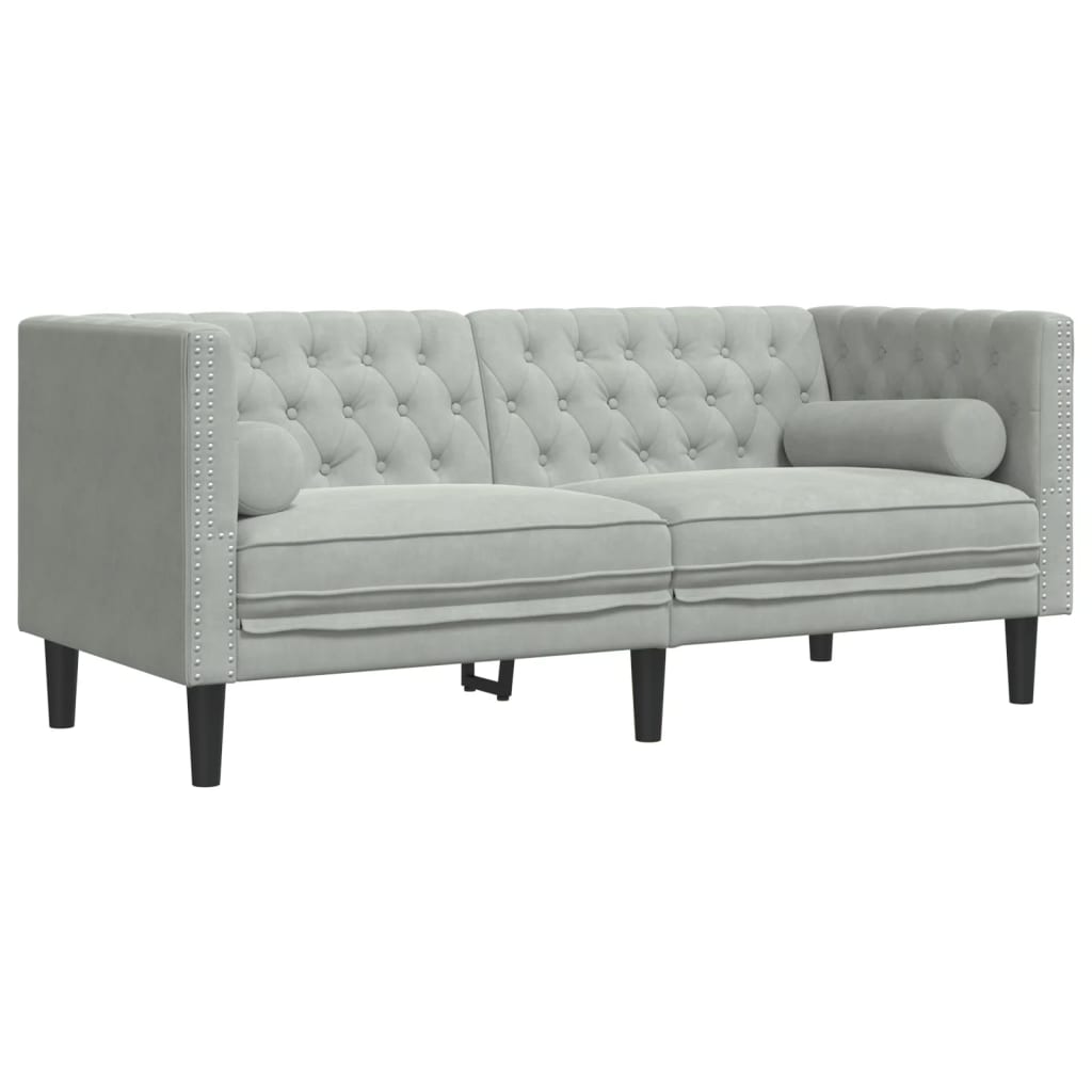 3-tlg. Chesterfield-Sofa-Set mit Nackenrollen Hellgrau Samt