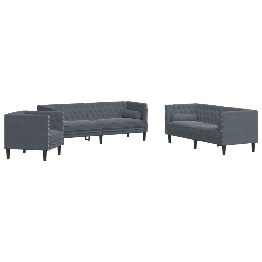 3-tlg. Chesterfield-Sofa-Set mit Nackenrollen Dunkelgrau Samt