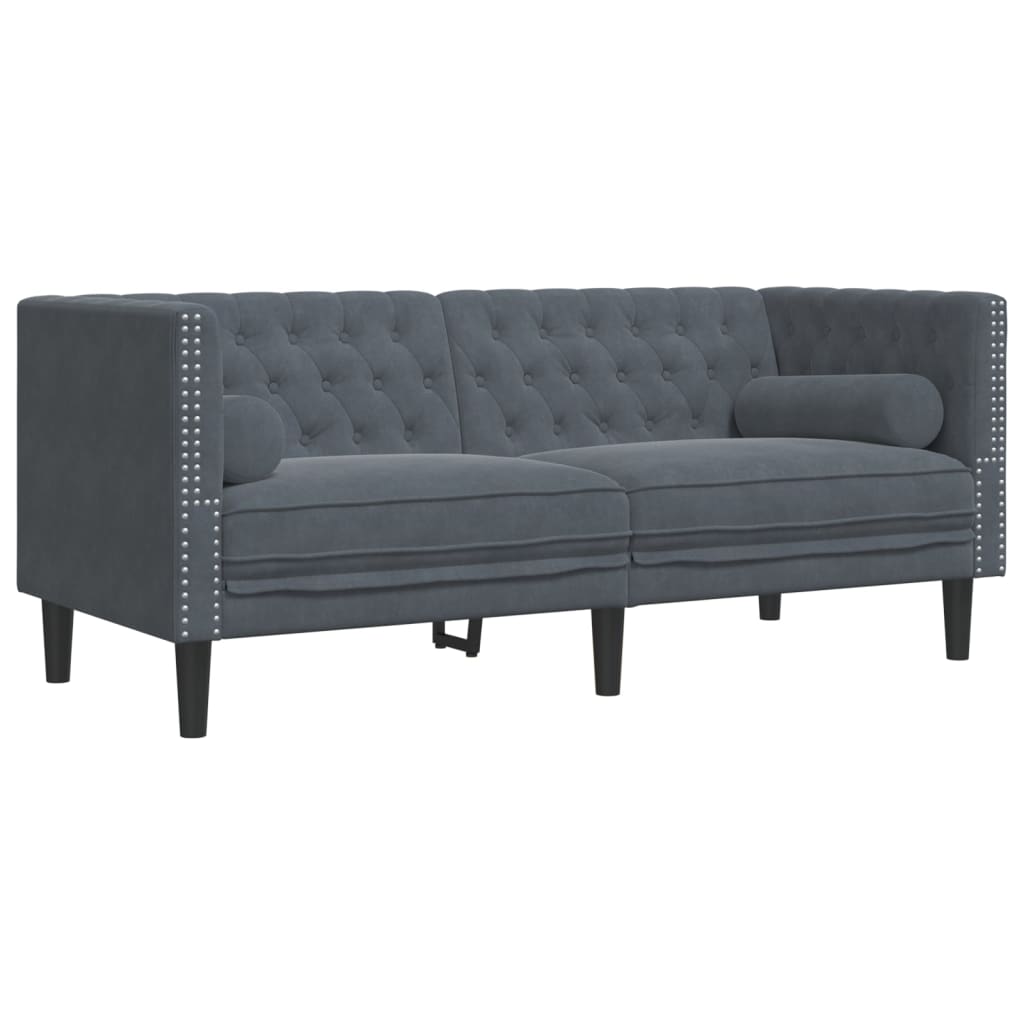 3-tlg. Chesterfield-Sofa-Set mit Nackenrollen Dunkelgrau Samt