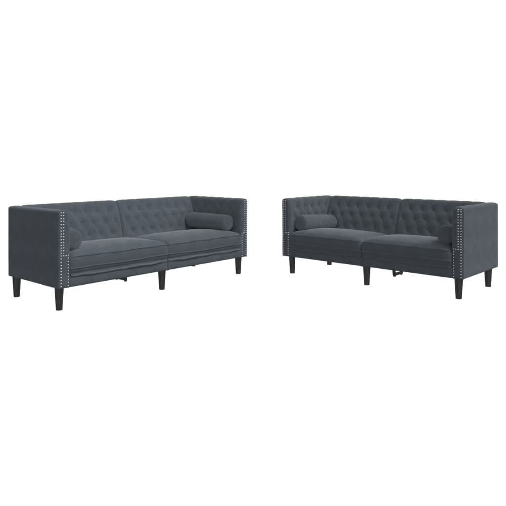 2-tlg. Chesterfield-Sofa-Set mit Nackenrollen Dunkelgrau Samt