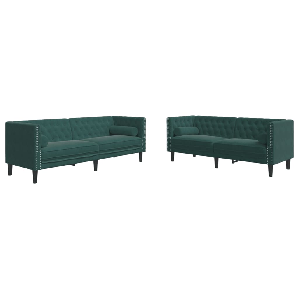 2-tlg. Chesterfield-Sofa-Set mit Nackenrollen Dunkelgrün Samt