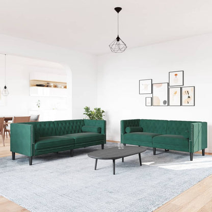 2-tlg. Chesterfield-Sofa-Set mit Nackenrollen Dunkelgrün Samt