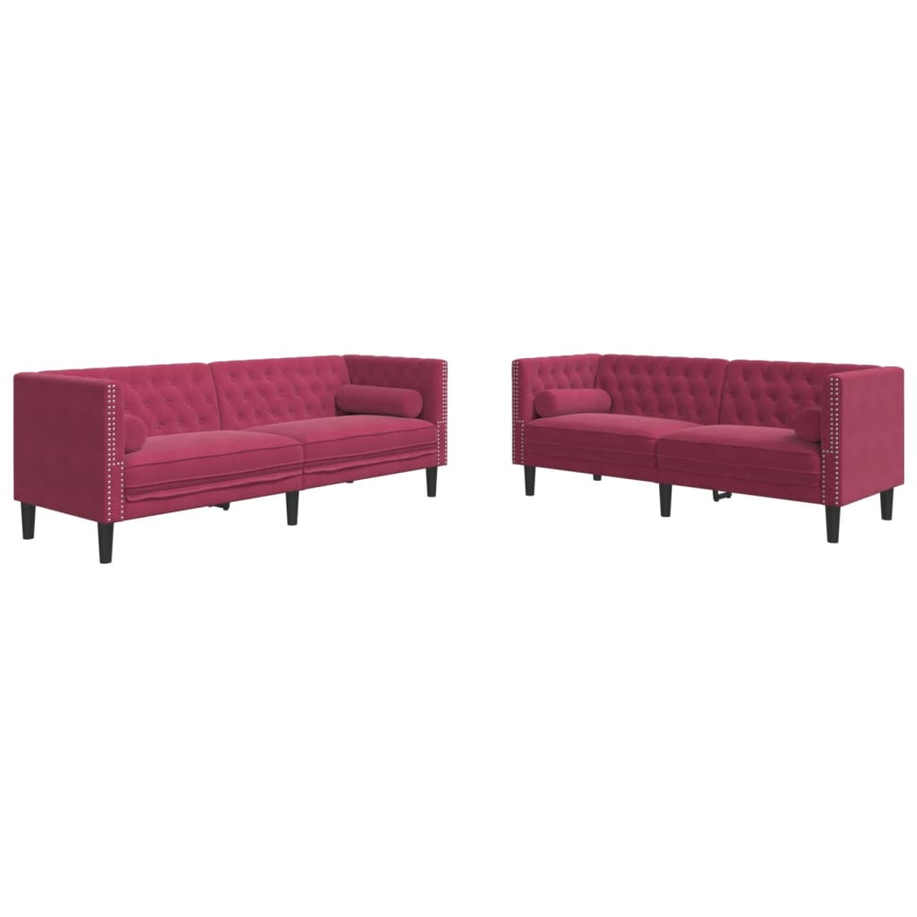 2-tlg. Chesterfield-Sofa-Set mit Nackenrollen Rot Samt