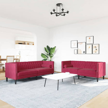 2-tlg. Chesterfield-Sofa-Set mit Nackenrollen Rot Samt