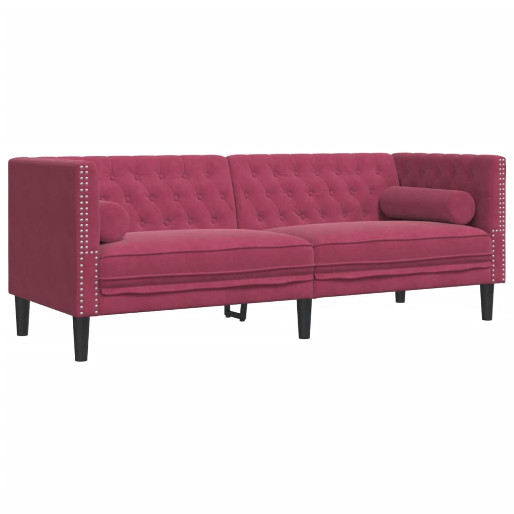 2-tlg. Chesterfield-Sofa-Set mit Nackenrollen Rot Samt