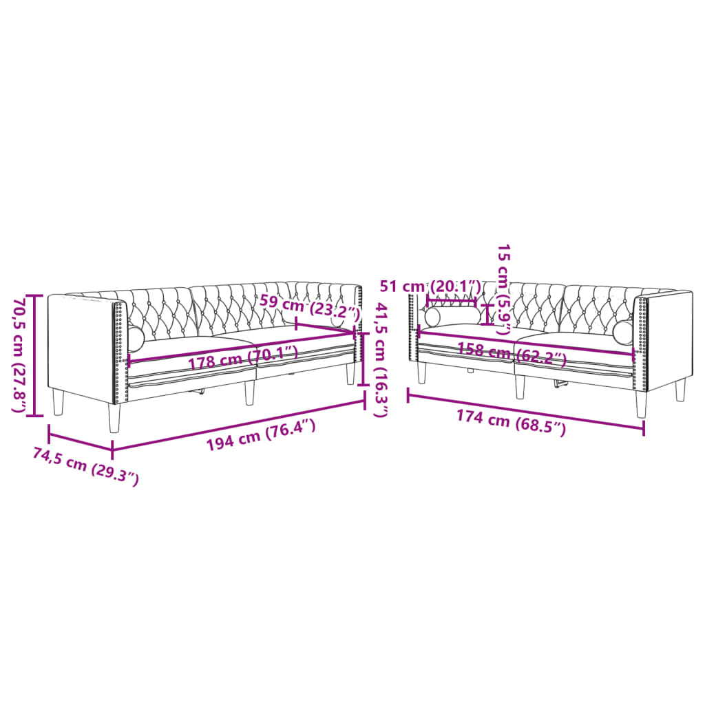 2-tlg. Chesterfield-Sofa-Set mit Nackenrollen Rot Samt