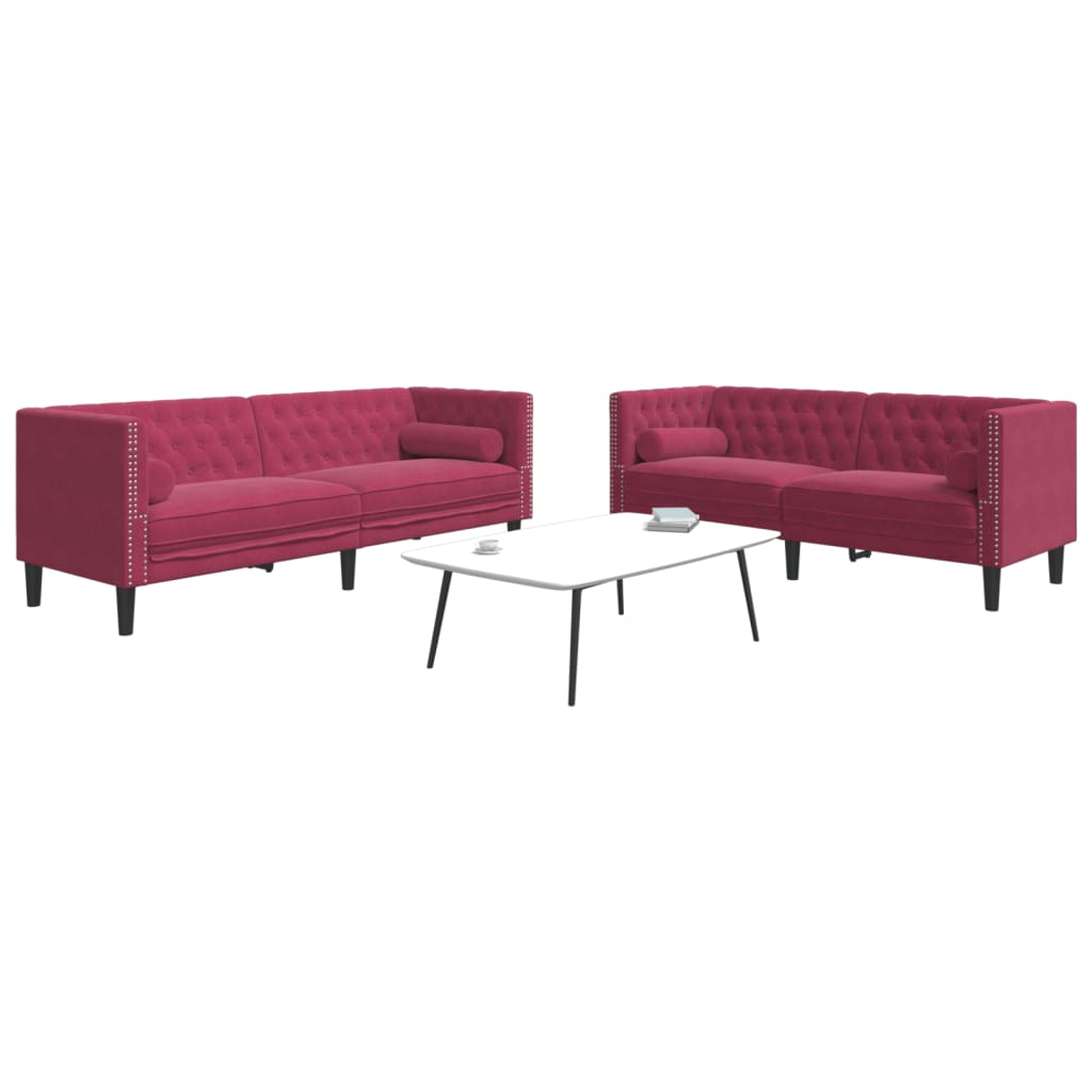 2-tlg. Chesterfield-Sofa-Set mit Nackenrollen Rot Samt