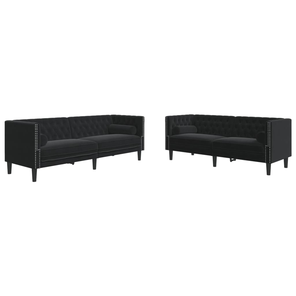 2-tlg. Chesterfield-Sofa-Set mit Nackenrollen Schwarz Samt