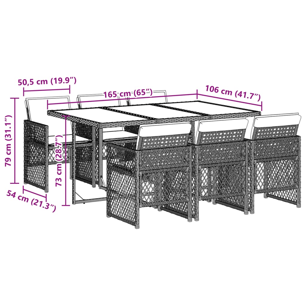 7-tlg. Garten-Essgruppe mit Kissen Schwarz Poly Rattan