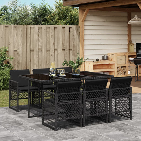 7-tlg. Garten-Essgruppe mit Kissen Schwarz Poly Rattan