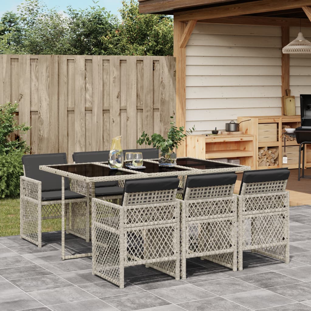 7-tlg. Garten-Essgruppe mit Kissen Hellgrau Poly Rattan