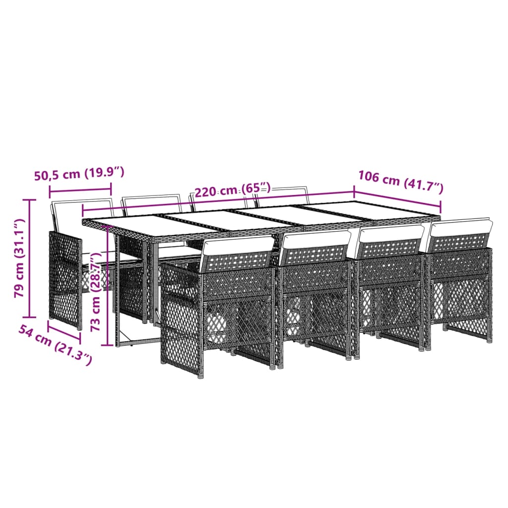 9-tlg. Garten-Essgruppe mit Kissen Braun Poly Rattan