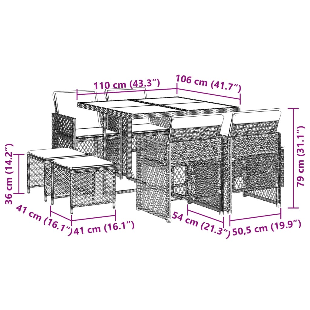 9-tlg. Garten-Essgruppe mit Kissen Grau Poly Rattan