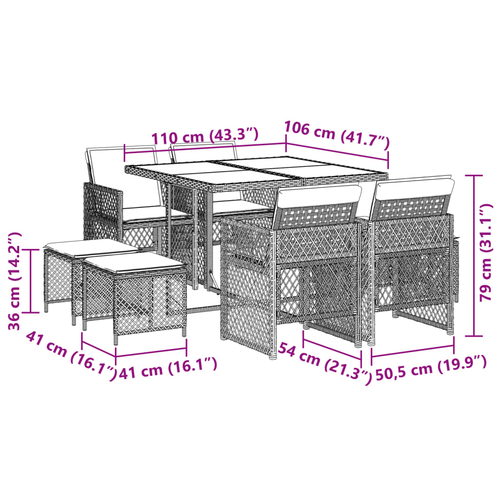 9-tlg. Garten-Essgruppe mit Kissen Braun Poly Rattan